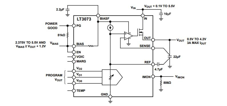 Applikations-Schaltungsdiagramm - Analog Devices Inc. LT3073 Ultraschnelle Dropout-Linearregler